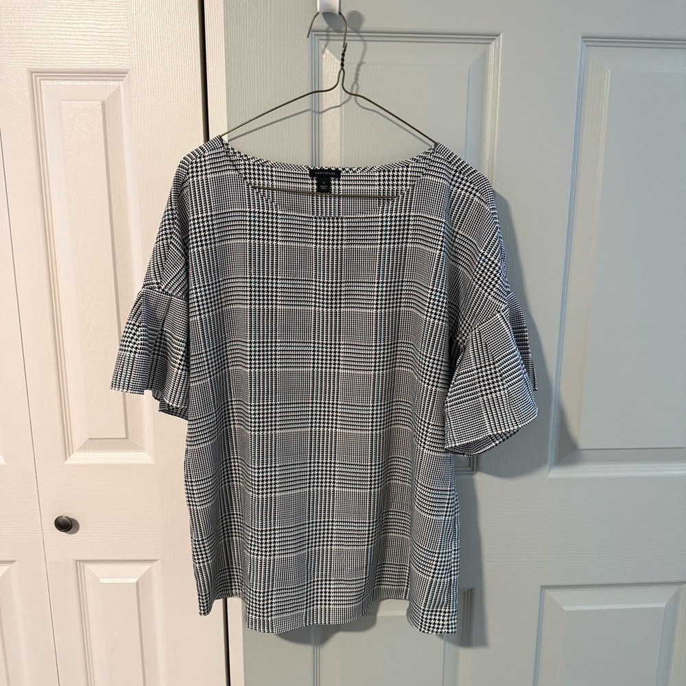 Ann Taylor Black and White with Turquoise Plaid Ruffle Sleeve Blouse